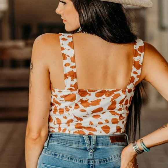 LARGE - Cow Print Cropped Tank Top With Functional Buttons - Ships within 24 Hrs - Picture 3 of 3